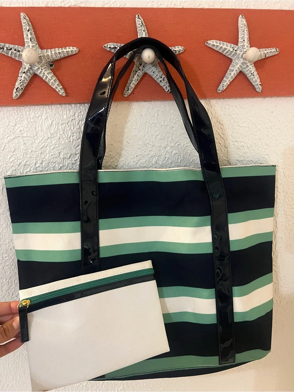 Estee Lauder Navy, White and Mint Striped Tote
